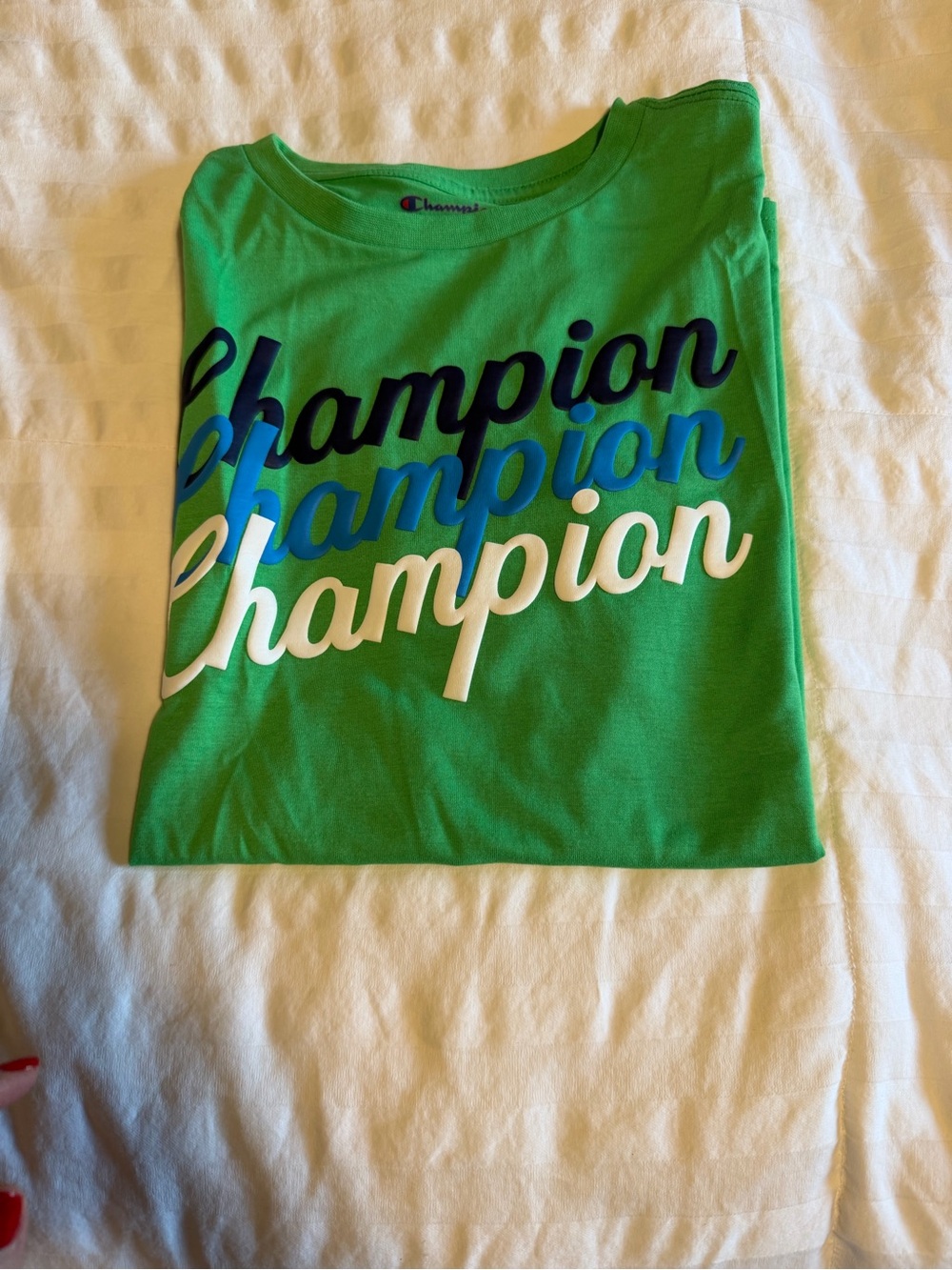 Champion Bright Green Tee with Blue, Navy & White Script